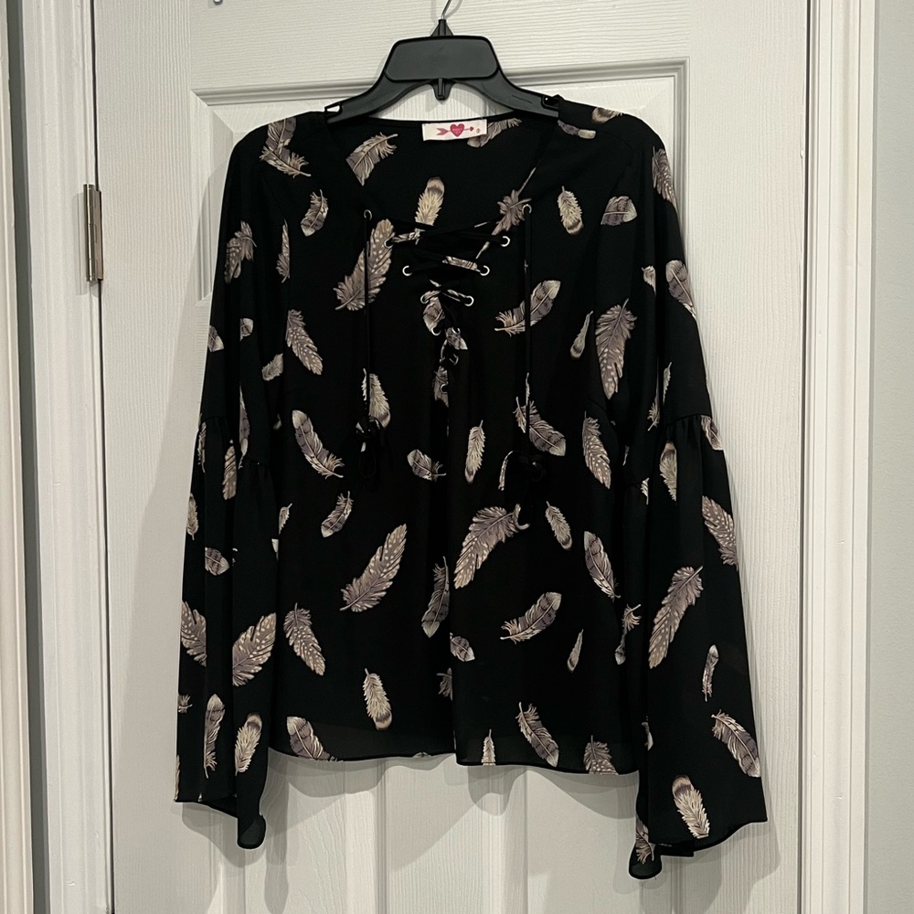 Buddy Love Tops Buddy Love SmallBell Sleeve Black Feather Blouse